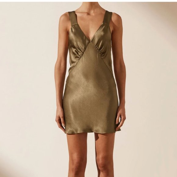 Shona Joy LA LUNE LOUNGE PLUNGED SLIP DRESS - WARM OLIVE - Picture 1 of 9